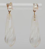 A pair of Art Deco rock crystal drops on later 9ct gold pearl tops, 3.5cm, 4.9gm.