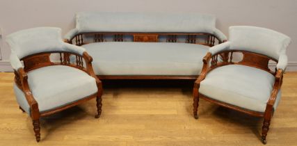 A late 19th/early 20th century carved beech framed bow back three piece bedroom/parlour suite,