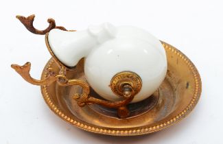 An unusual French gilt and porcelain ink and pen tray, 14cm diameter.