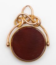 A George V 9ct gold carnelian set swivel watch fob, by William John Pellow, Chester 1912, 22mm, 3.