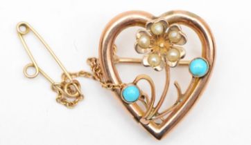 A Victorian 9ct gold turquoise and seed pearl heart shaped floral brooch, 9ct tab to reverse, 2 x