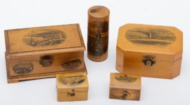 Five pieces of 19th century Scottish Sycamore Mauchline ware, comprising of two boxes with