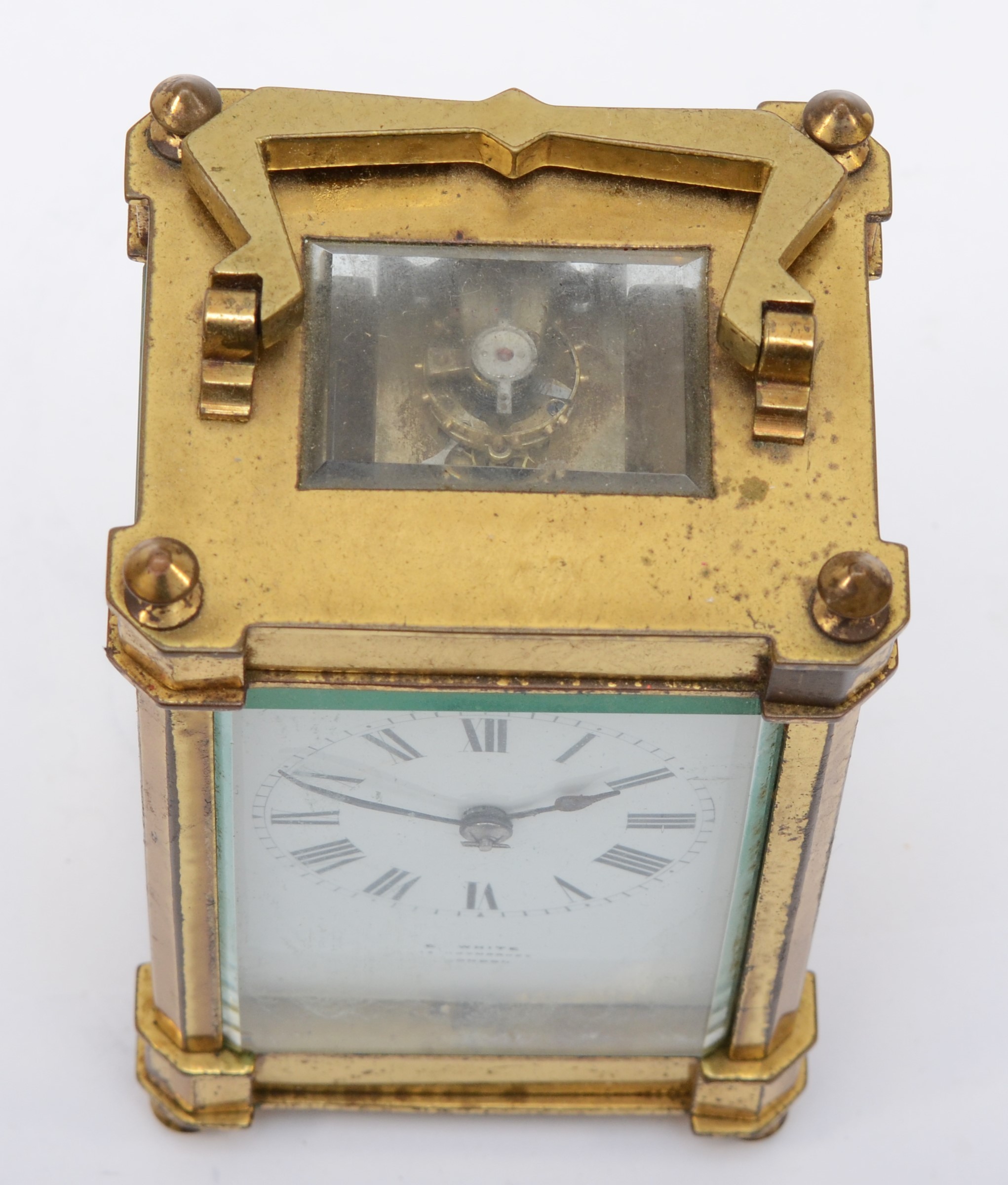 E. White 12 Haymarket London, a 20th century brass and glass corniche cased striking carriage clock, - Image 5 of 5
