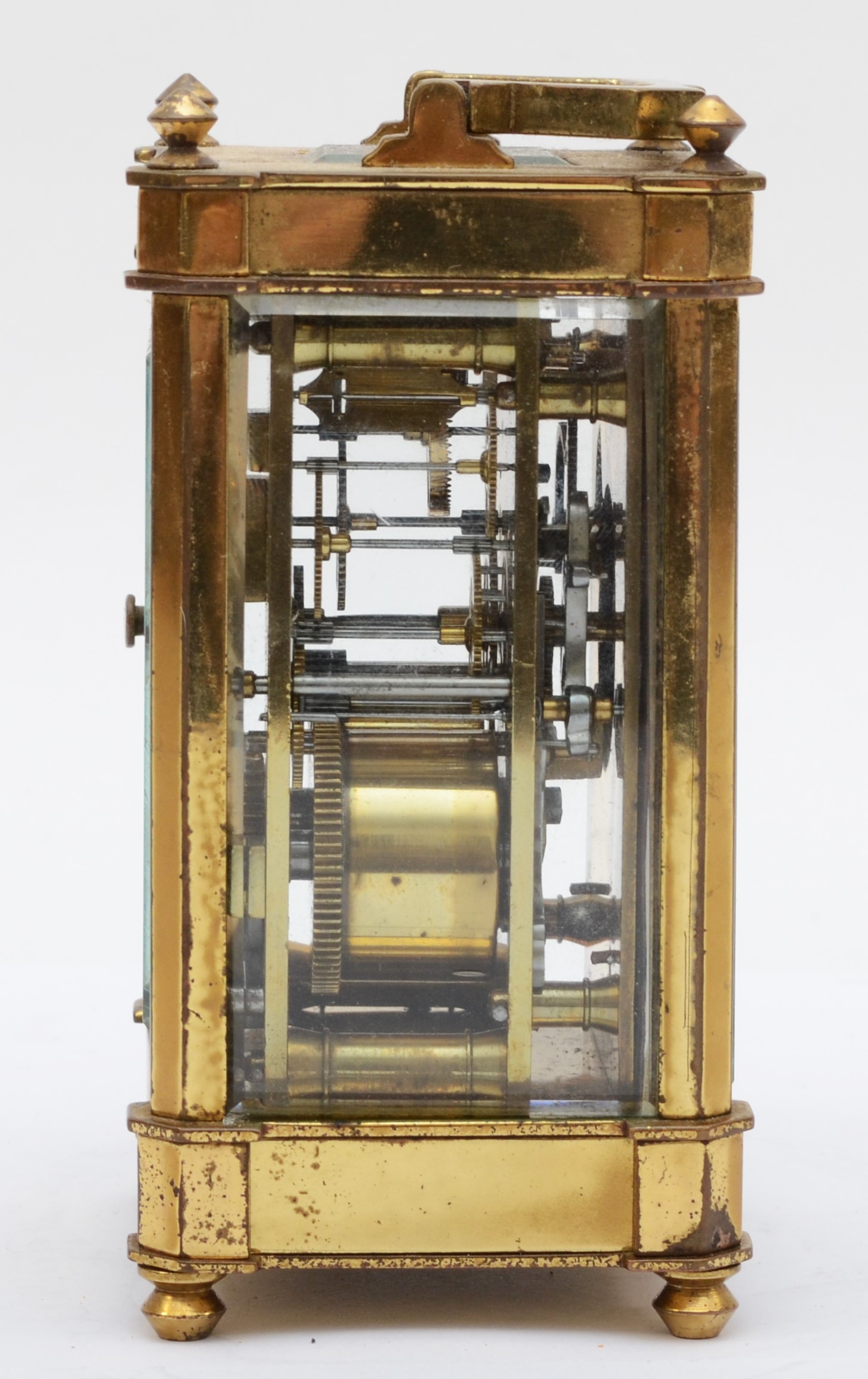 E. White 12 Haymarket London, a 20th century brass and glass corniche cased striking carriage clock, - Image 4 of 5