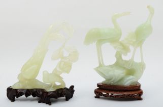 Two early 20th century Chinese carved jade/jadite figural groups of birds, one being storks/cranes