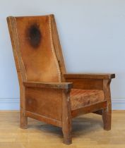 Robert 'Mouseman' Thompson of Kilburn, a mid 20th century carved oak smoking chair with brown