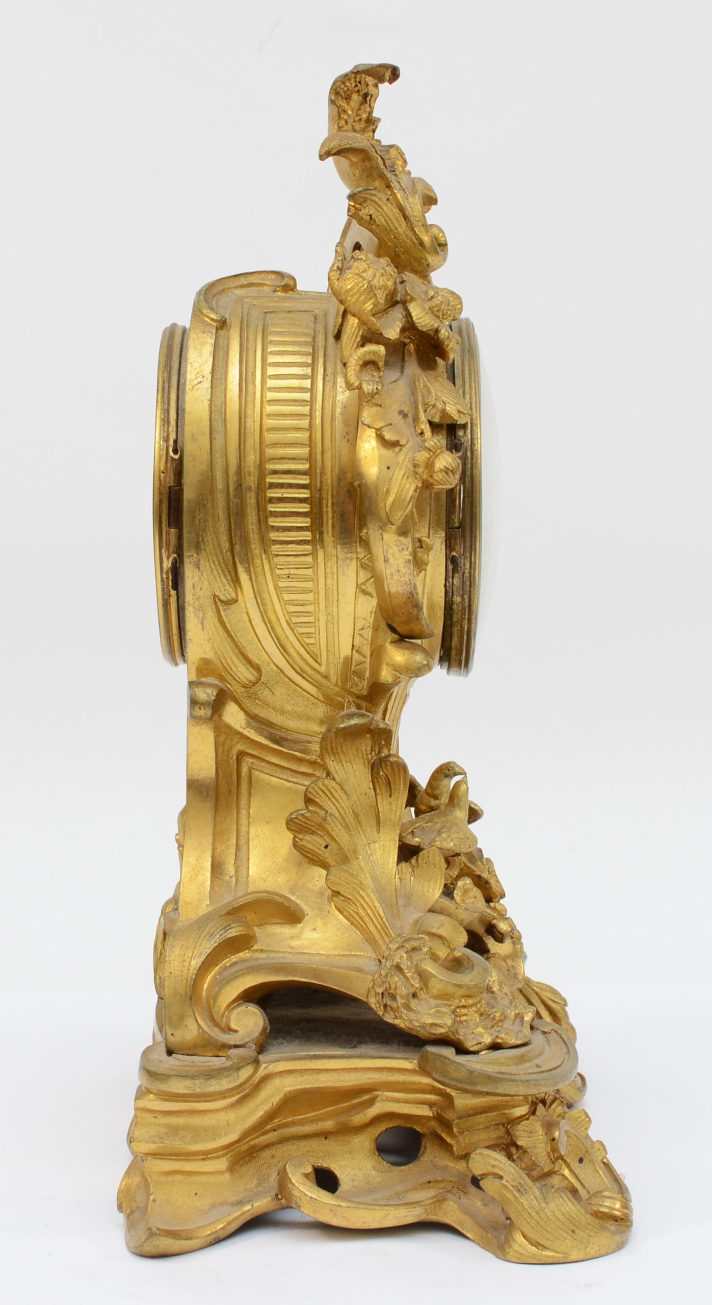 A late 19th century, probably French gilt brass mantle clock, the gilt dial with applied enamel - Image 2 of 6