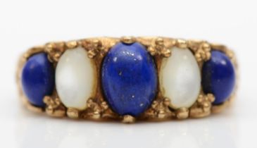 A 9ct gold five stone lapis lazuli and mother of pearl ring, size Q, 3.9gm