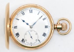 Rolex; A 9ct gold cased half hunter key less wind pocket watch, with seventeen jewel lever signed