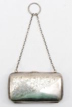 A George V silver rectangular purse on chain, by W H Tandy & Sons, Chester 1918, with chased foliate