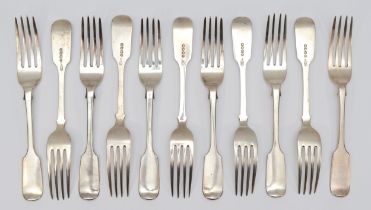 A set of ten Victorian silver fiddle pattern dessert forks, by Henry Holland, London 1868, 15.5oz.