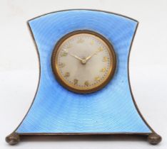 A George V silver and blue engine turned guilloché enamel cased desk clock, Birmingham 1935, of