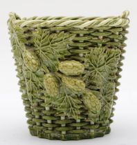 Rye Pottery, a 20th century green glazed pottery basket weave 'wicker' twin handle basket, with