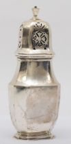A George VI silver sugar castor, maker rubbed, Birmingham 1937, of baluster form with canted corners