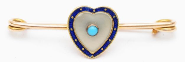 An Edwardian turquoise and enameled heart shaped brooch, 3.5cm, 2.4gm.