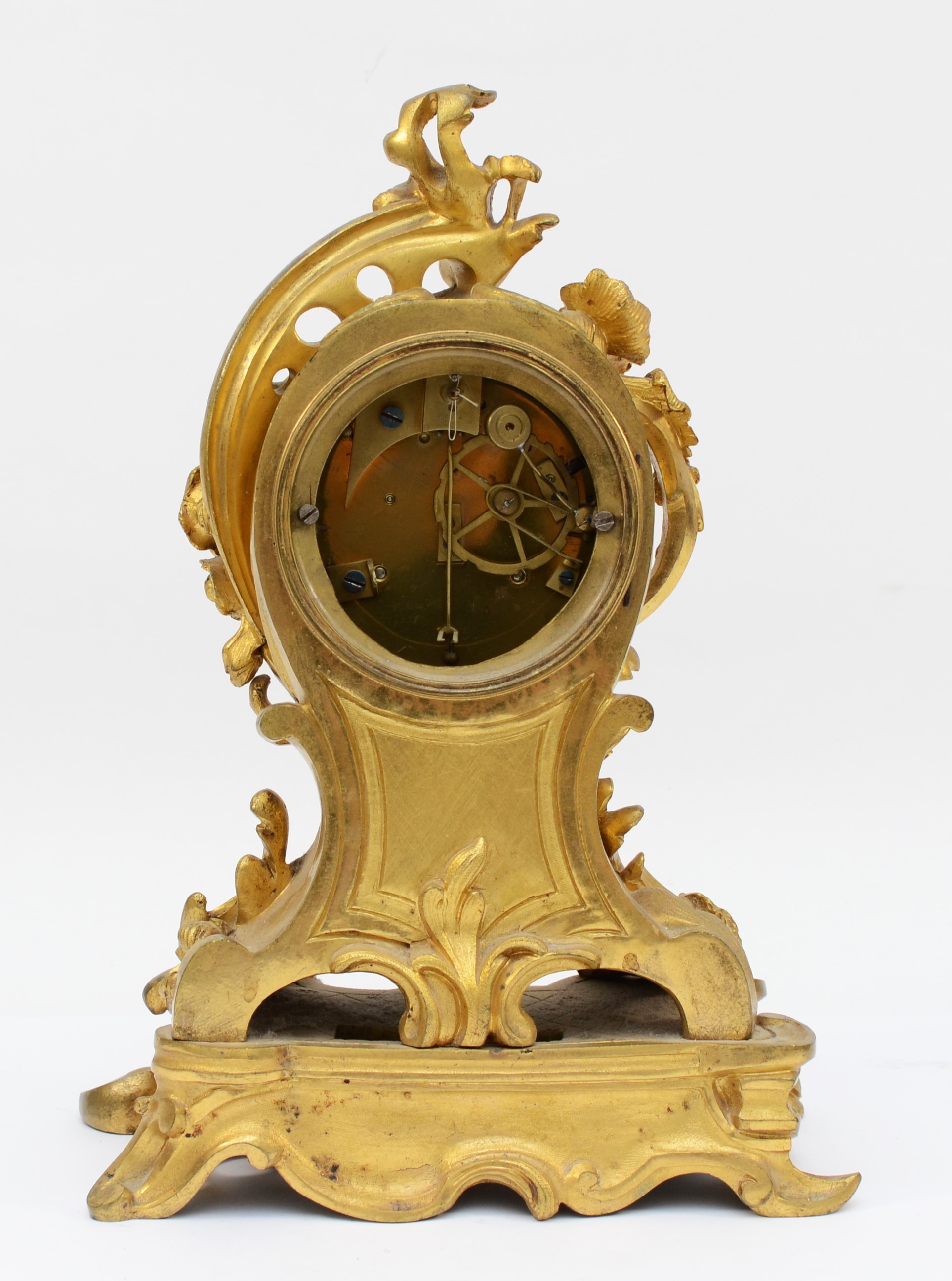 A late 19th century, probably French gilt brass mantle clock, the gilt dial with applied enamel - Image 3 of 6