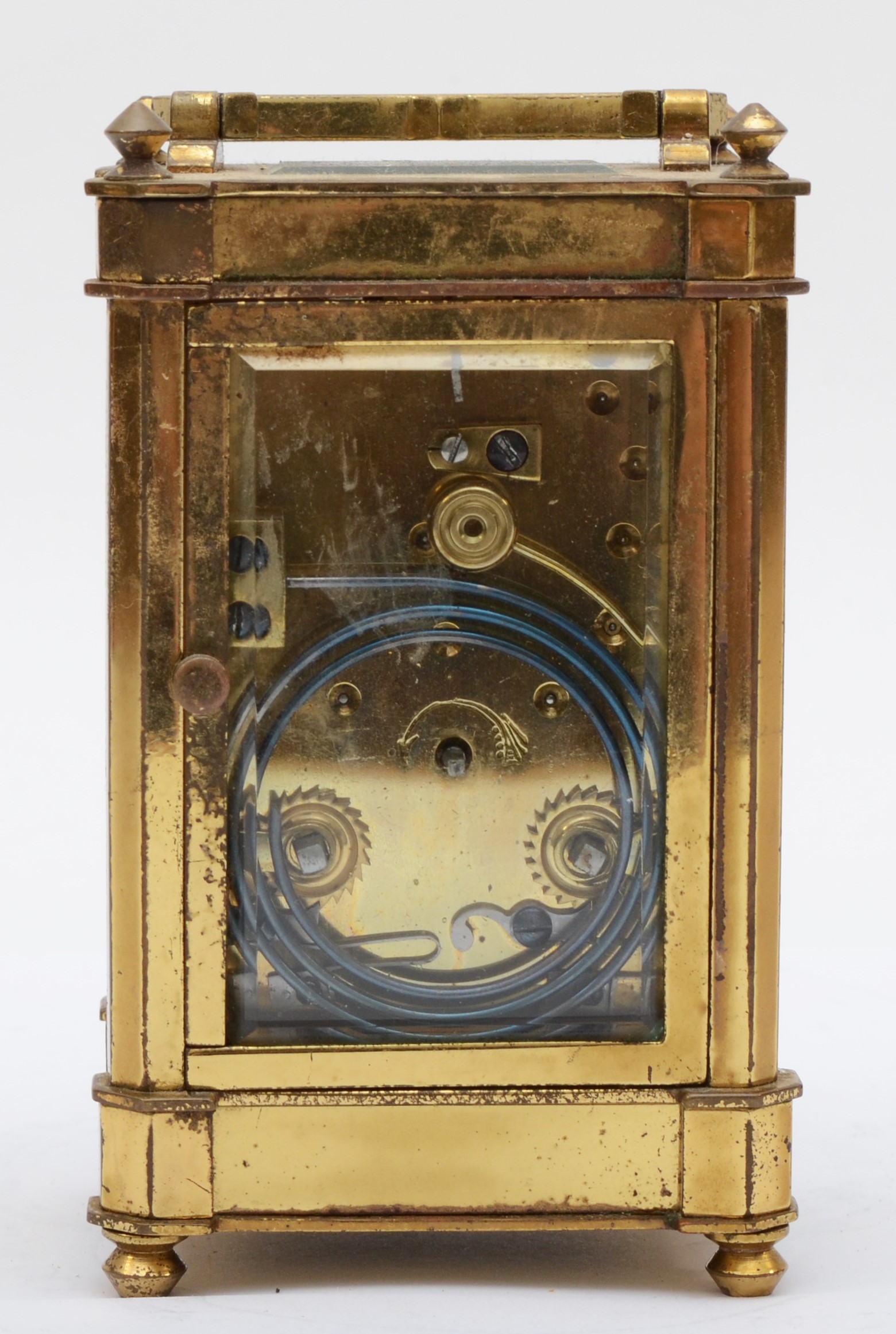 E. White 12 Haymarket London, a 20th century brass and glass corniche cased striking carriage clock, - Image 3 of 5