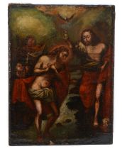 After Caravaggio (1571-1610, Italian), Baptism of Christ, oil on canvas, unframed, 61 x 46cm.