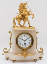 A late 19th/early 20th century French alabaster and gilt painted spelter mounted mantle clock,