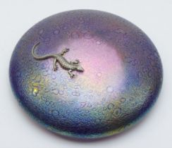 A contemporary Heron Glass paperweight of compressed ovoid form, modelled as a stylised iridescent