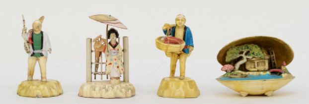 Three 20th century painted resin Chinese figures of a lady holding a parasol, a fisherman carrying