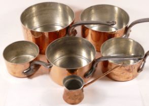 A graduating set of five French copper lidded saucepans, each with iron hoop handles (5)