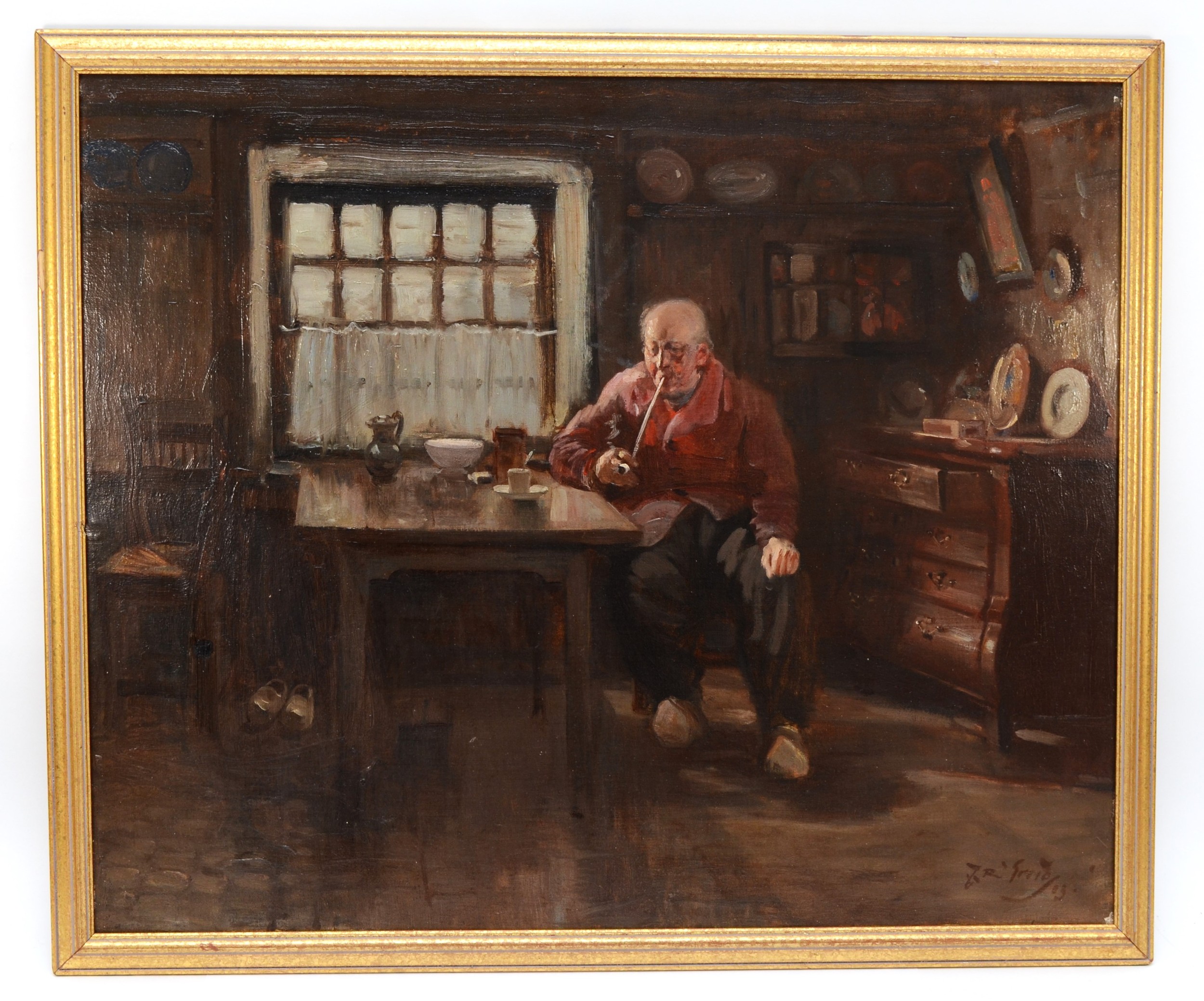 J R Creig, Dutch school, early 20th century, man sitting at the kitchen table, oil on canvas,
