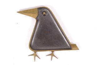 Hagenauer, a mid 20th century Austrian bronze and brass stylised bird ashtray, incised marks