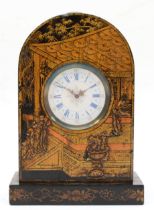 An early 20th century chinoiserie cased dome topped mantle clock, raised on rectangular plinth