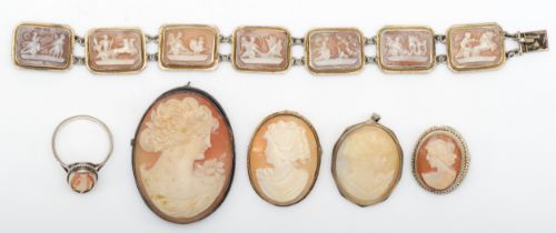 A unmarked silver shell cameo bracelet, with seven carved rectangular panels depicting chariots