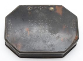 An early 19th century tortoiseshell and pique work snuff box, unmarked silver mounts, 8.5 x 6 x 1.