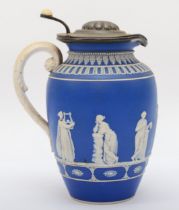 A late 19th blue glazed cameoware porcelain jug, mounted and incised with the Seven Graces, with 'C'