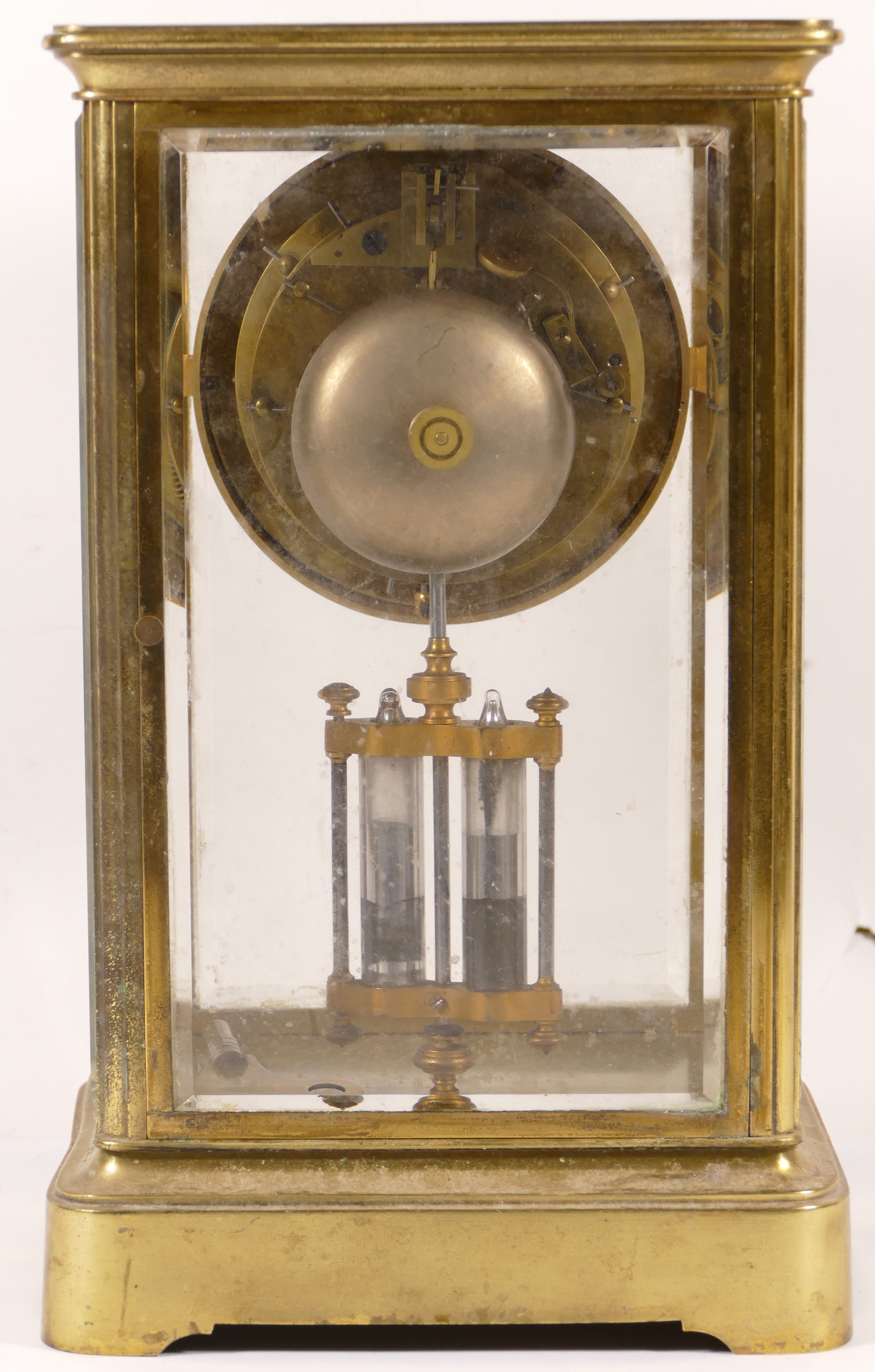 A late 19th/early 20th century brass corniche and four glass mantle clock, the white enamelled - Image 3 of 4