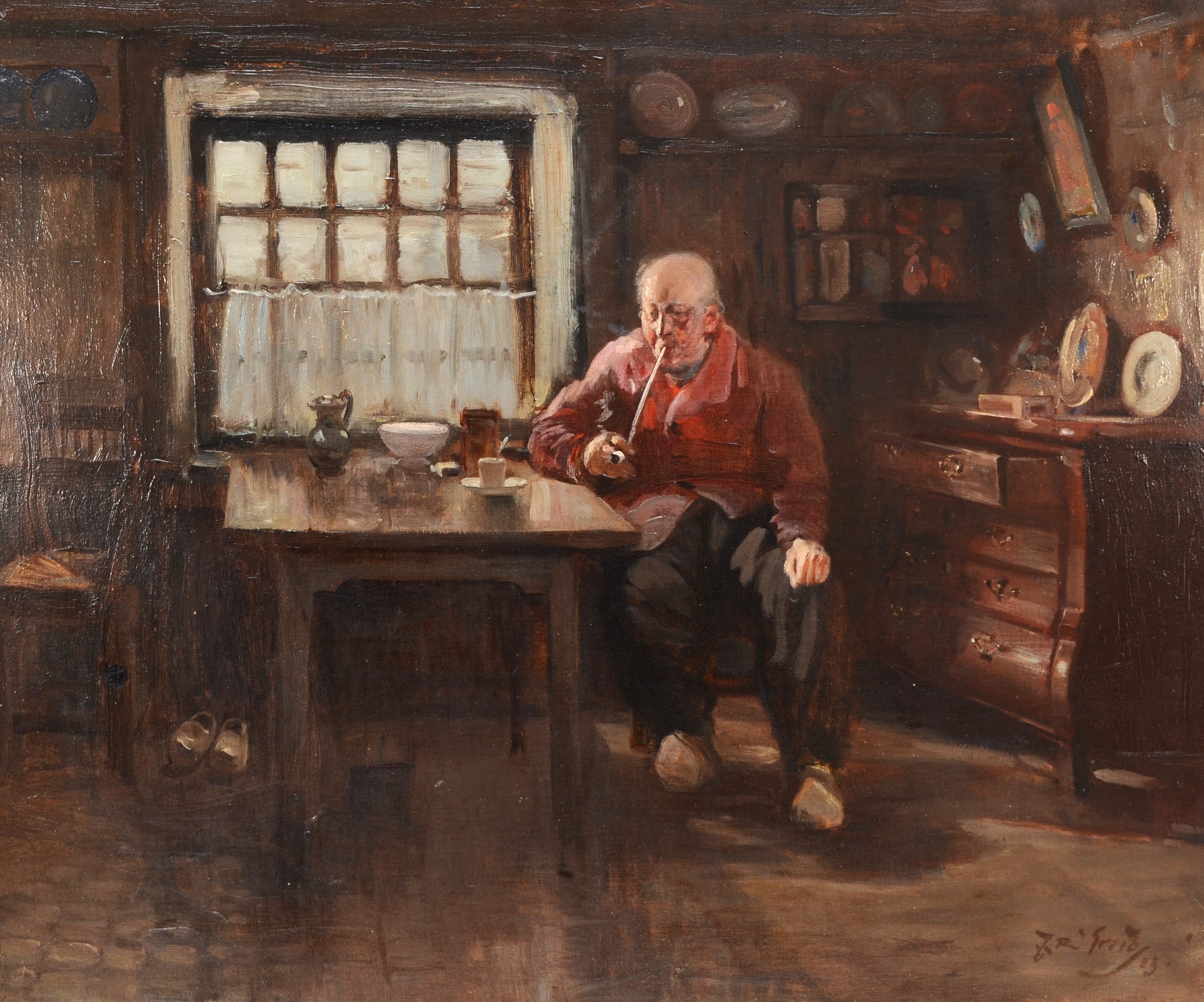 J R Creig, Dutch school, early 20th century, man sitting at the kitchen table, oil on canvas, - Image 2 of 4