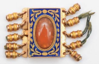 A French gold and enamel clasp set with a carnelian cabochon, Rooster head control mark, 2 x 1 cm,