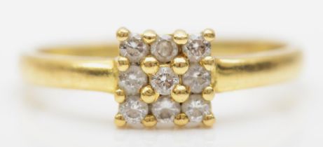 An 18k gold brilliant cut diamond square set cluster ring, size O, 2.2gm.