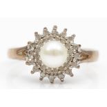A 9ct gold cultured pearl and eight cut diamond cluster ring, P, 2.5gm.