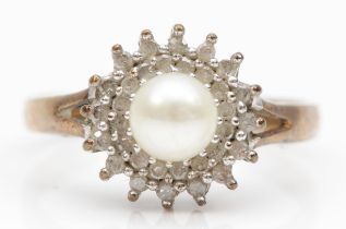 A 9ct gold cultured pearl and eight cut diamond cluster ring, P, 2.5gm.