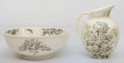 Brown-Westhead, More & Co, a late 19th century Asethetic Paeony pattern pottery jug and bowl set,