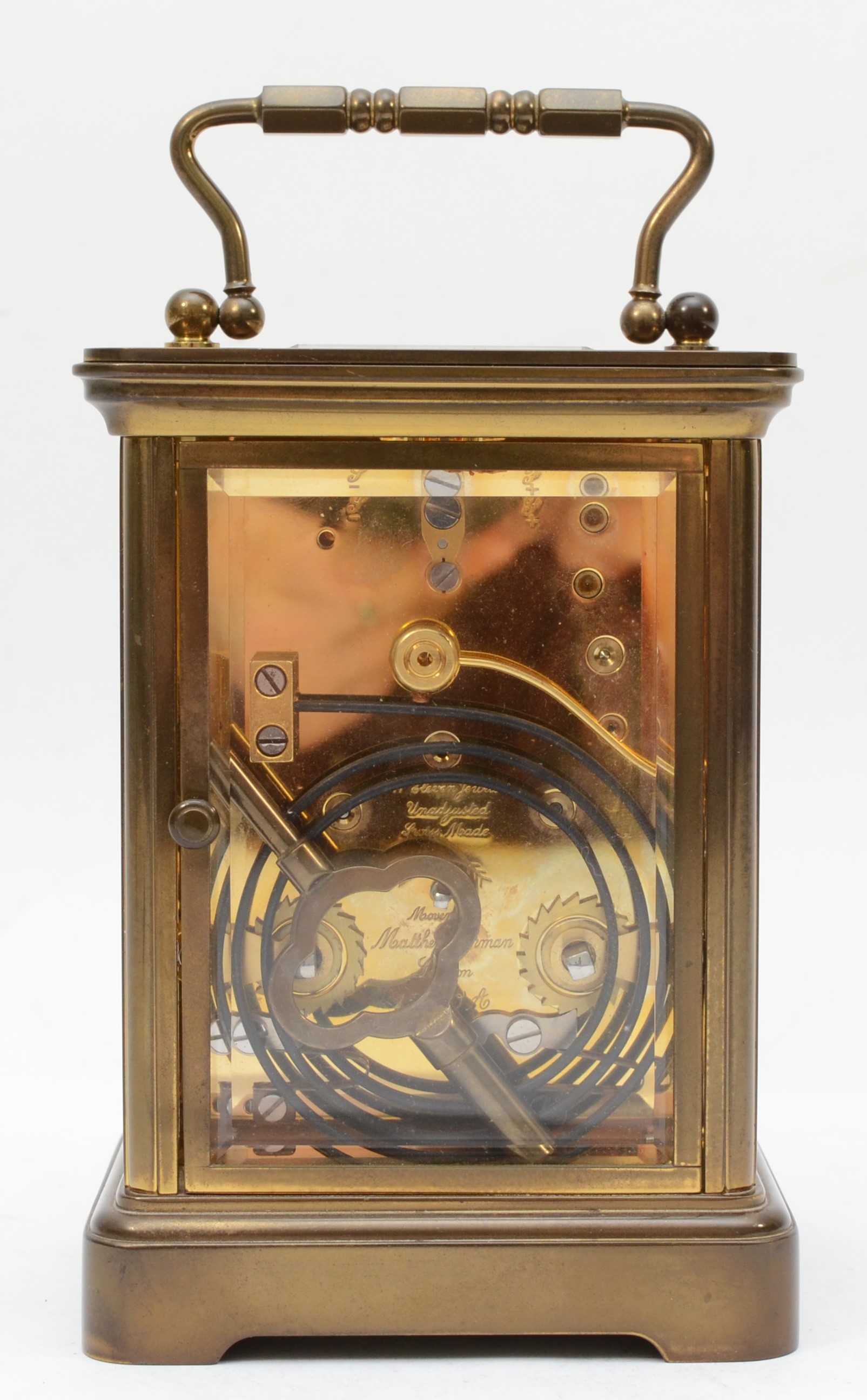 Matthew Norman of London, a 20th century brass corniche and four bevelled glass carriage clock, with - Image 3 of 5