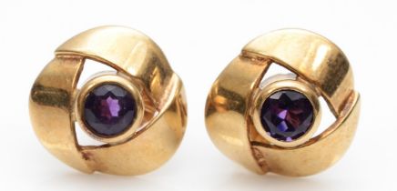 A pair of 9ct gold amethyst modernist ear studs, 13mm, 3.4gm.