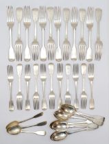 A part set of Victorian silver fiddle pattern flatware, by George William Adams, London 1842,