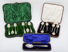 A silver set of hot nail coffee spoons and tongs, Sheffield 1928, cas, a silver christening spoon,