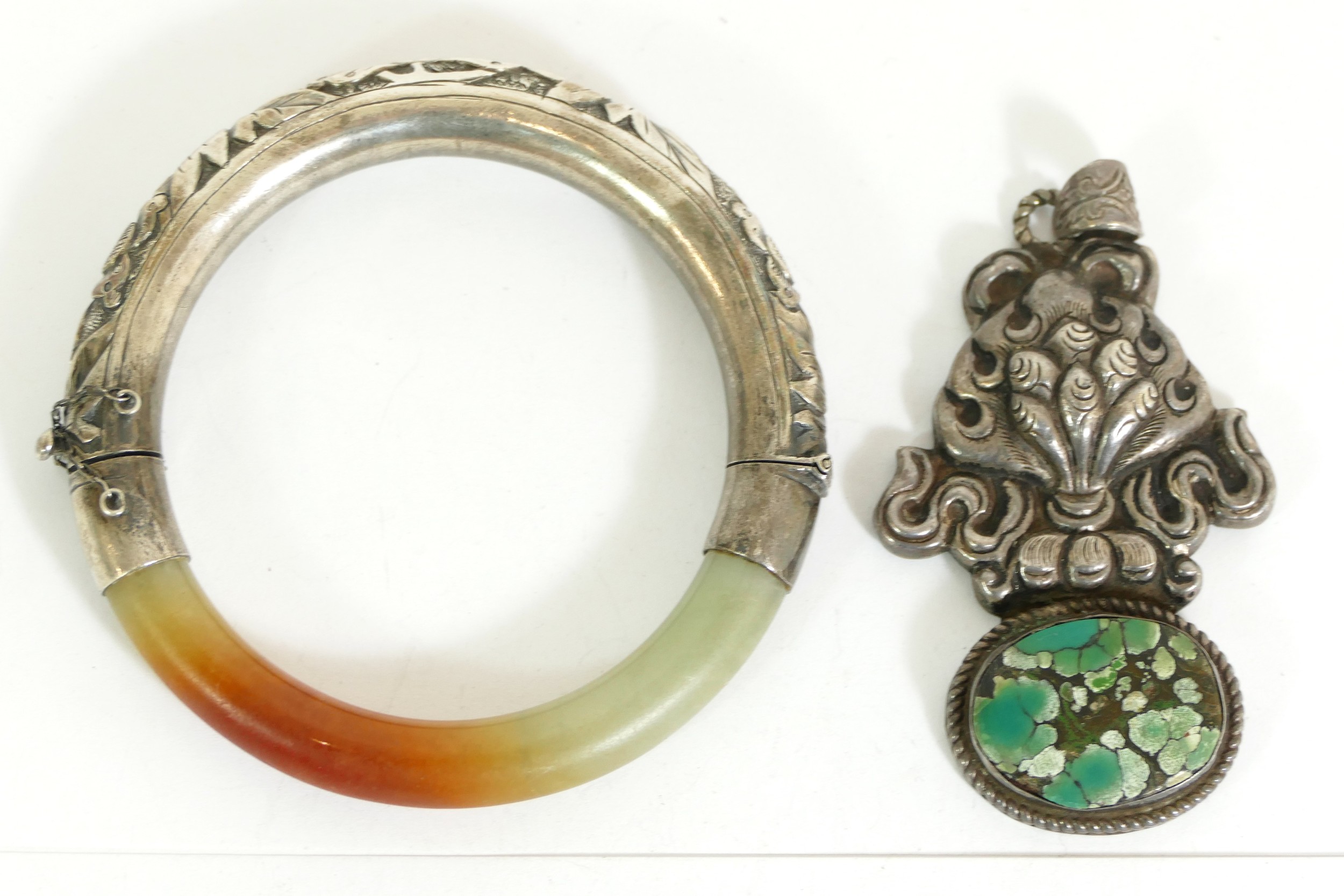 A Chinese silver and mottled jadeite hinged bangle, 56mm internal diameter and a Chinese silver - Image 2 of 2