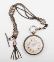 A late 19th century 800 standard silver ladies fob watch with silver albertina