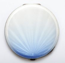 A silver and guilloche enamel powder compact, Birmingham 1947, glass cracked, 72mm, 105gm