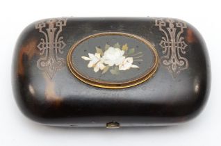 A Victorian silver, tortoiseshell and pietra dura mounted cheroot case, the oval panel with floral