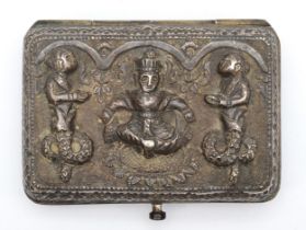 An Indian unmarked silver cigarette case, each side with embossed and chased Deities, 8 x 5.5 x 2.