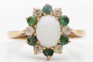 A 9ct gold opal, emerald and cubic zirconia cluster ring, R, 2.4gm.