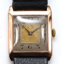 An Art Deco 9ct rose gold square manual wind gentleman's wristwatch, date letter worn, 15 jewel